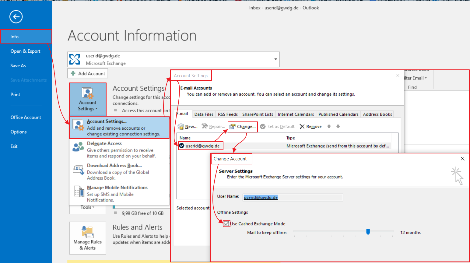 use cached exchange mode outlook 216