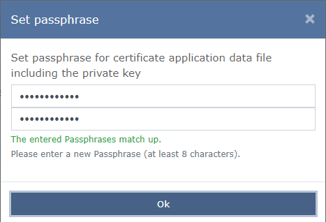 A password for the application file must be entered and confirmed by clicking on "Ok".