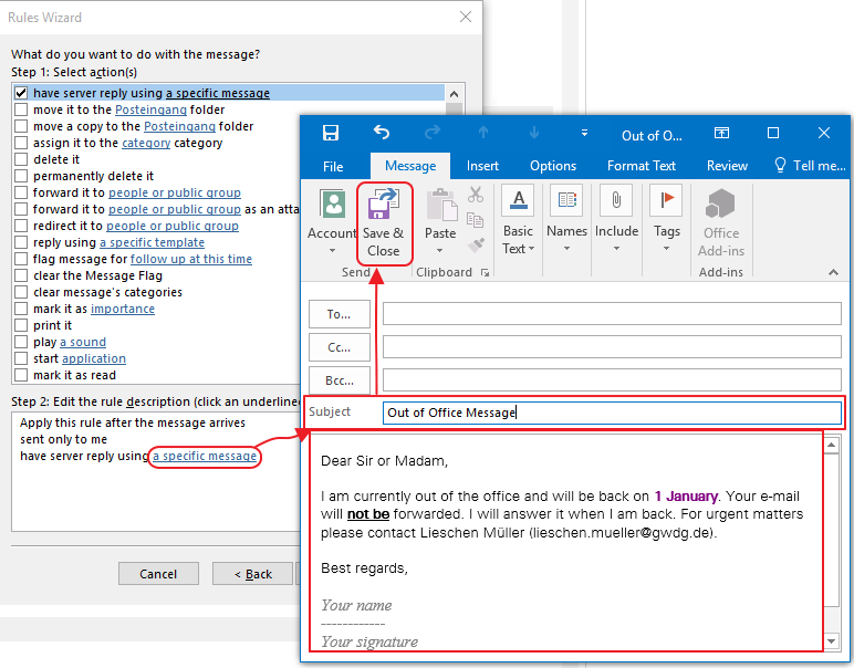 Using Outlook rules for auto reply [GWDG - docs]