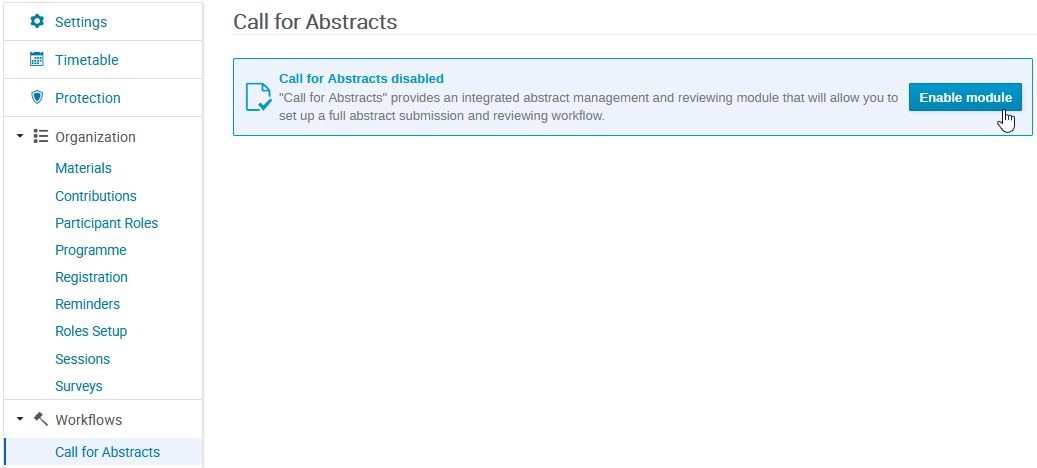 die Aktivierung des Moduls Call for Abstract